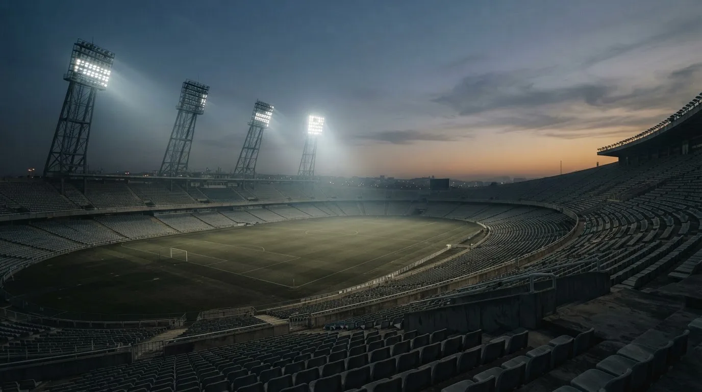 An empty football stadium with floodlight masts at dusk