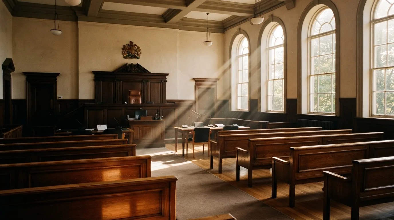 An empty courtroom with wooden benches in morning light