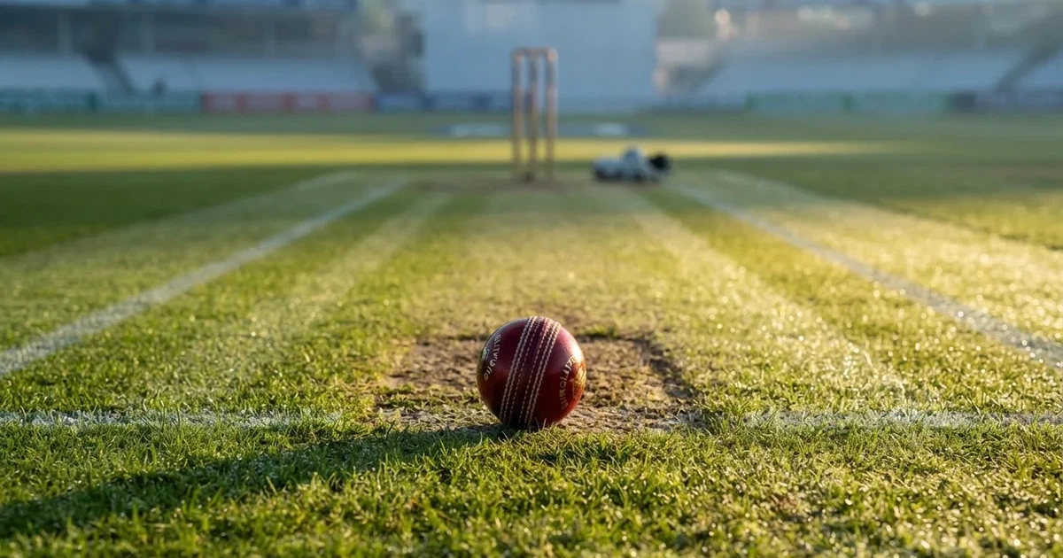A ball on the centre spot of a grass pitch in morning light