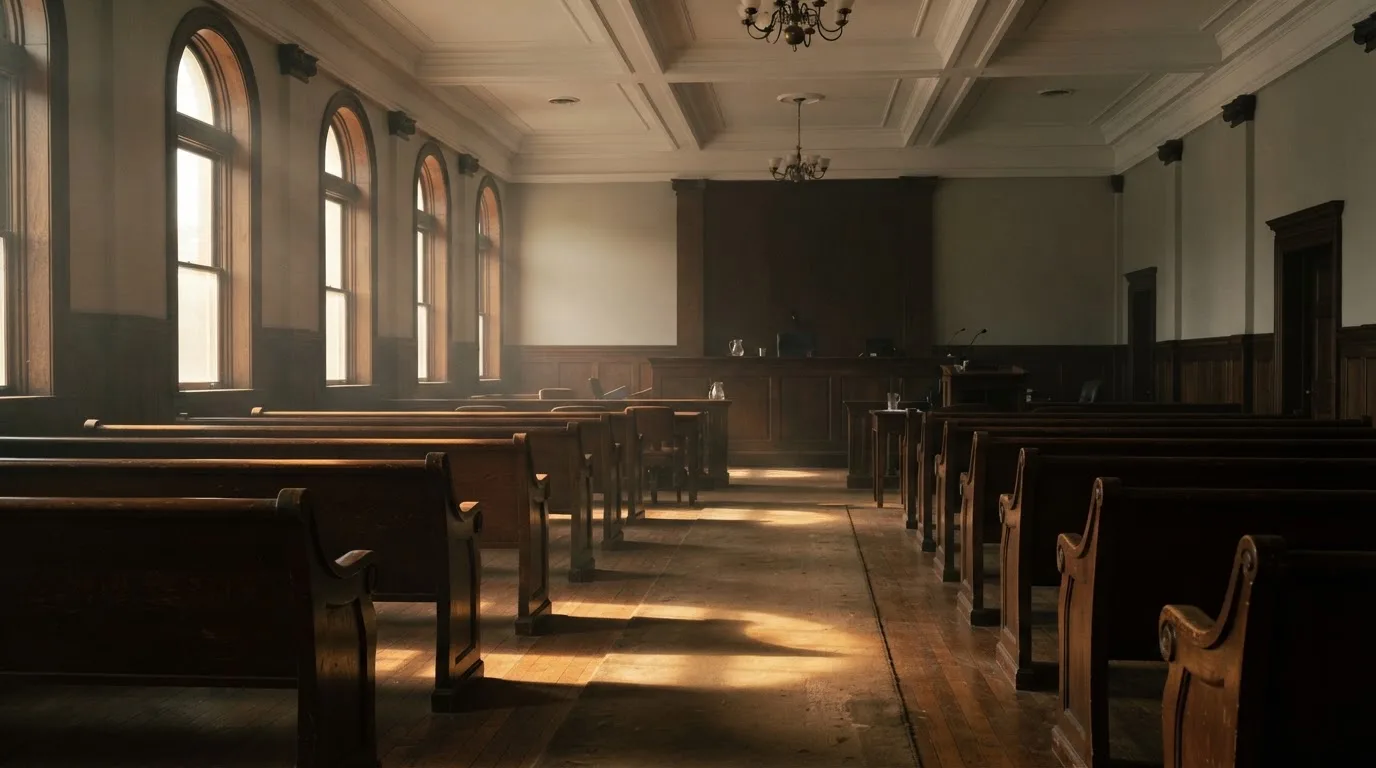 An empty courtroom with wooden benches in morning light