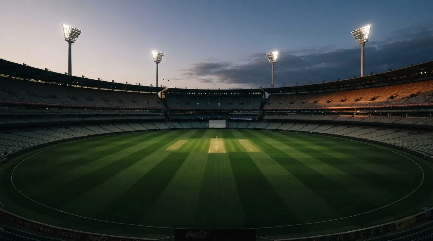 An empty football stadium with floodlight masts at dusk