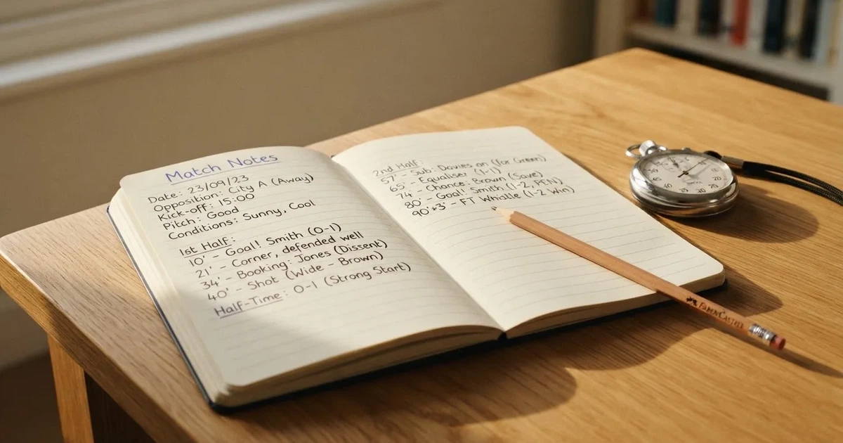 An open notebook with a pencil and a stopwatch on a wooden table