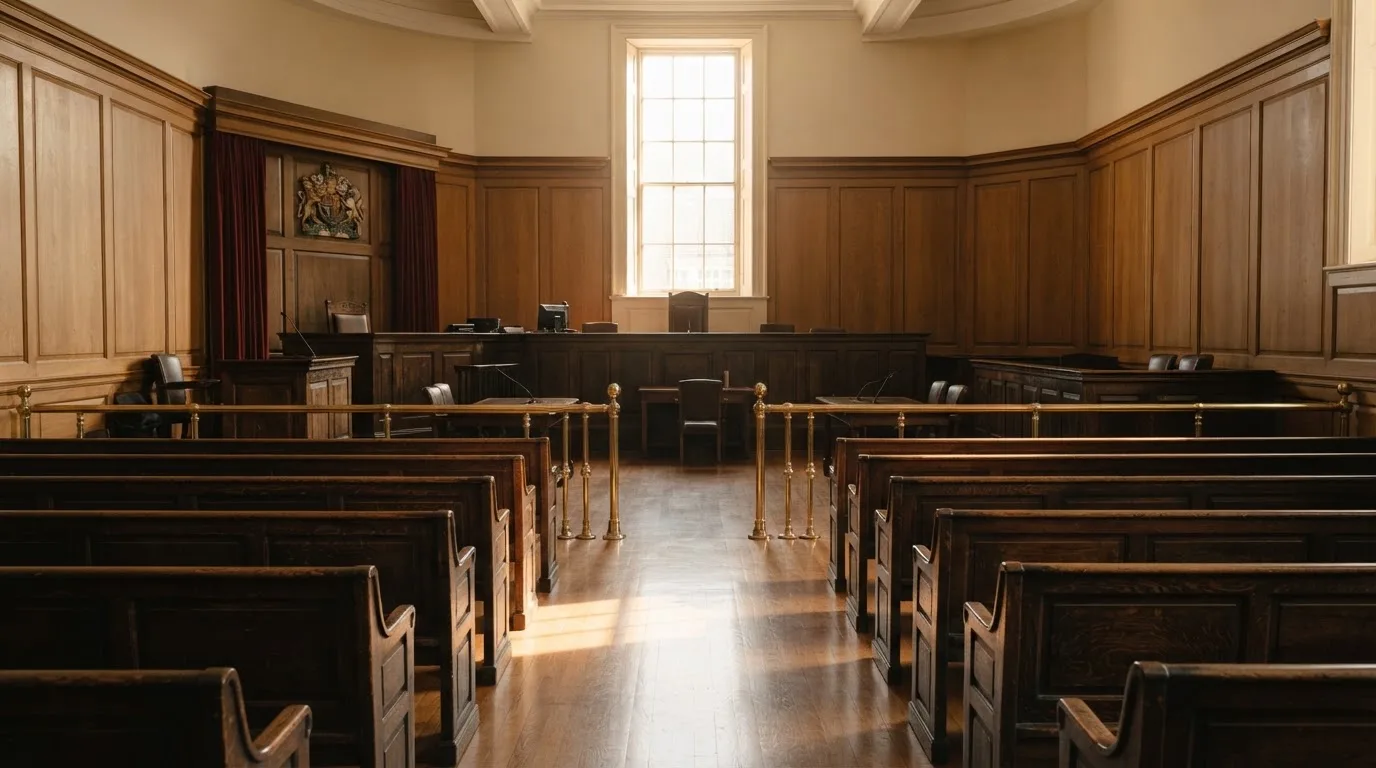 An empty courtroom with wooden benches in morning light