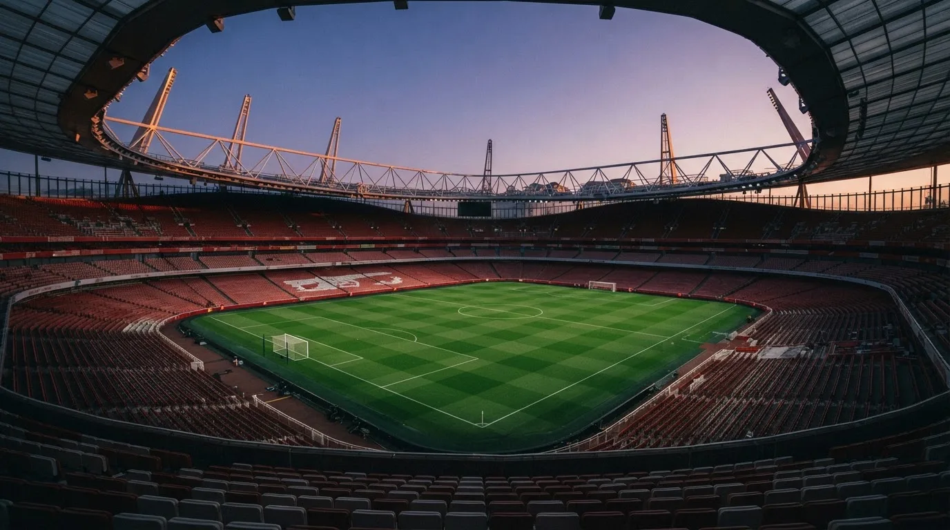 An empty football stadium with floodlight masts at dusk