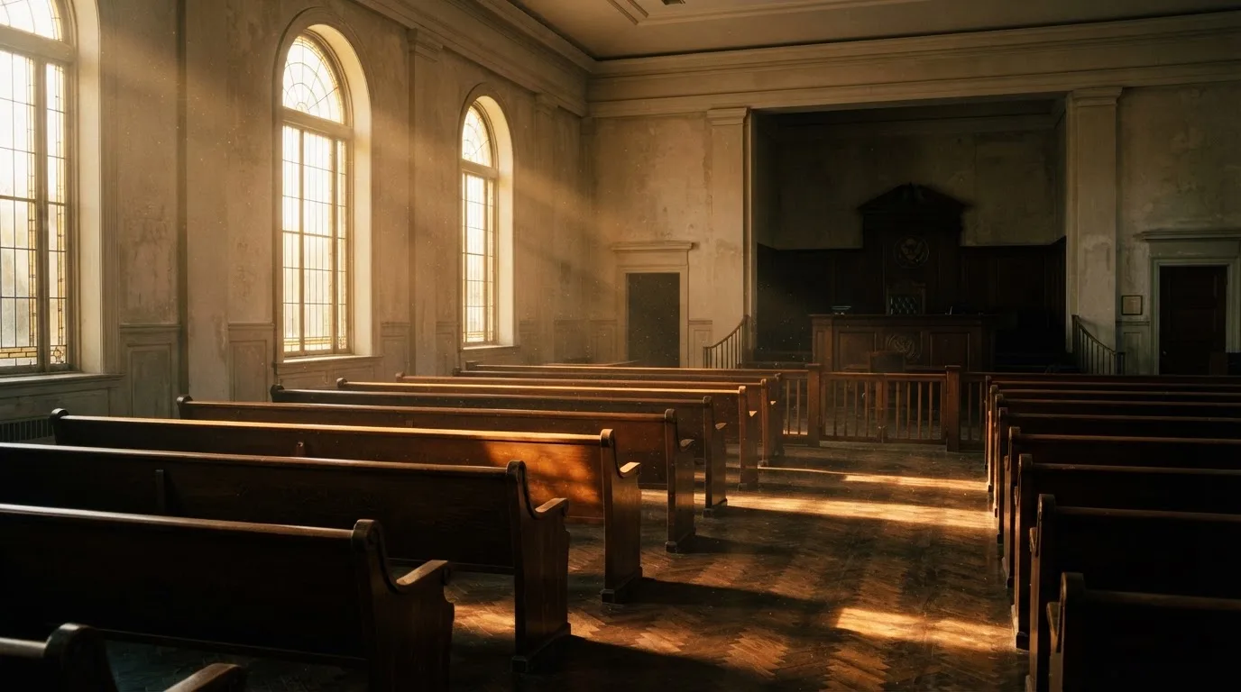 An empty courtroom with wooden benches in morning light