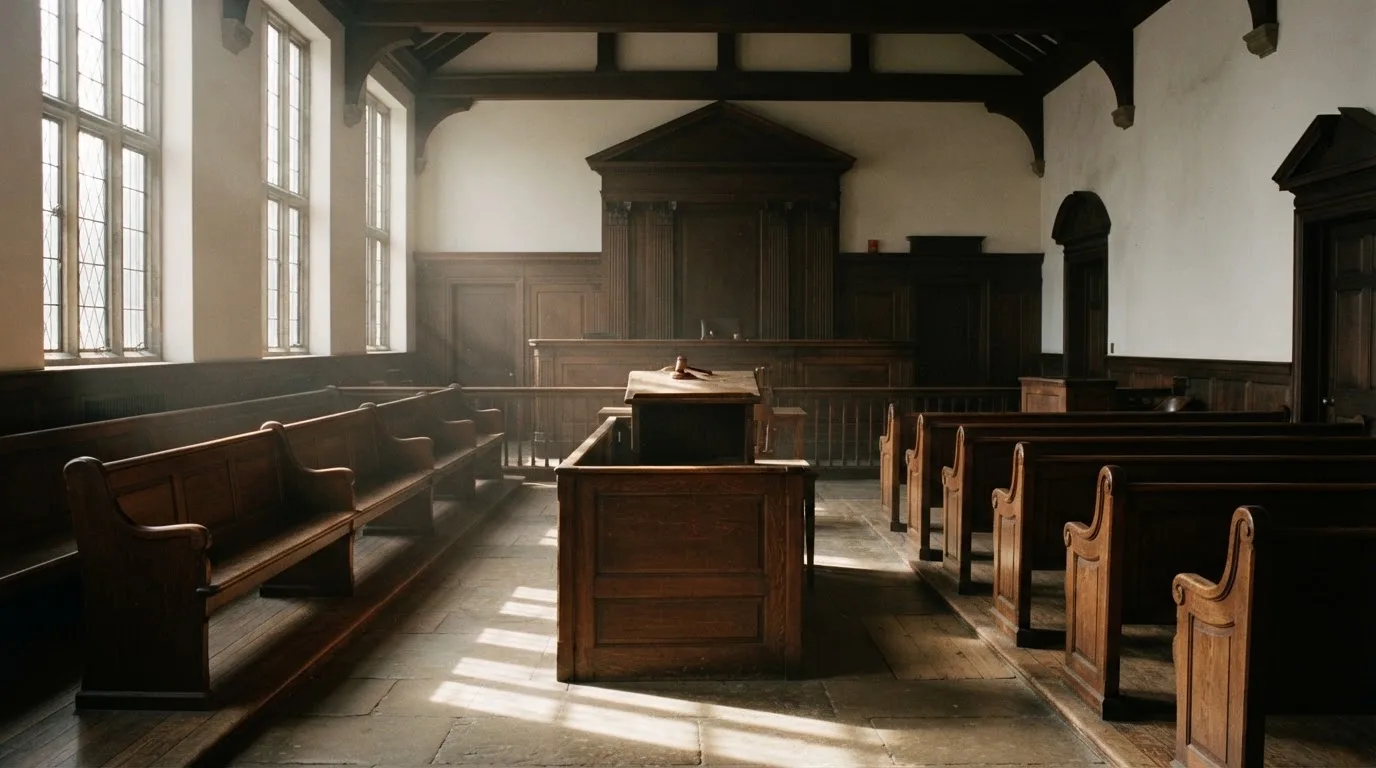 An empty courtroom with wooden benches in morning light