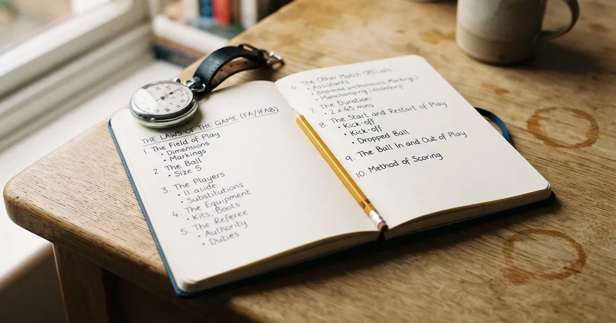 An open notebook with a pencil and a stopwatch on a wooden table