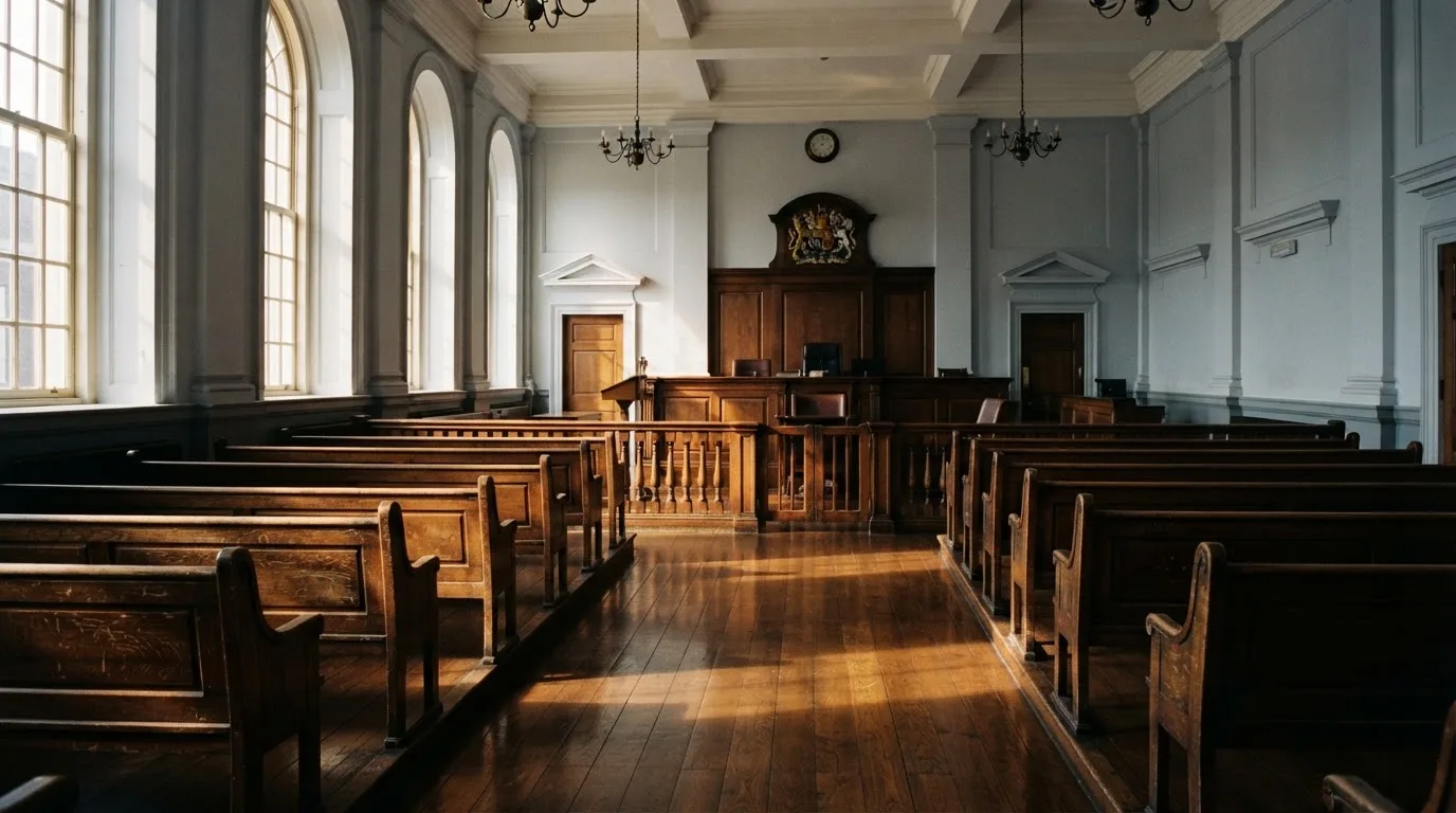 An empty courtroom with wooden benches in morning light