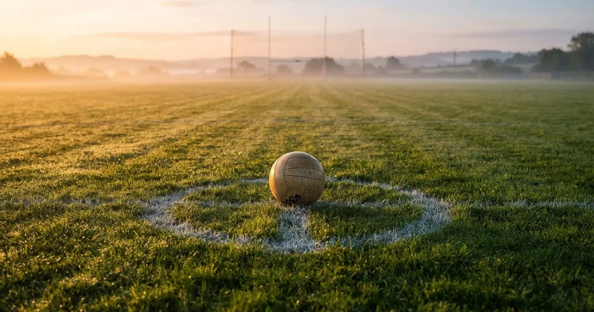 A ball on the centre spot of a grass pitch in morning light