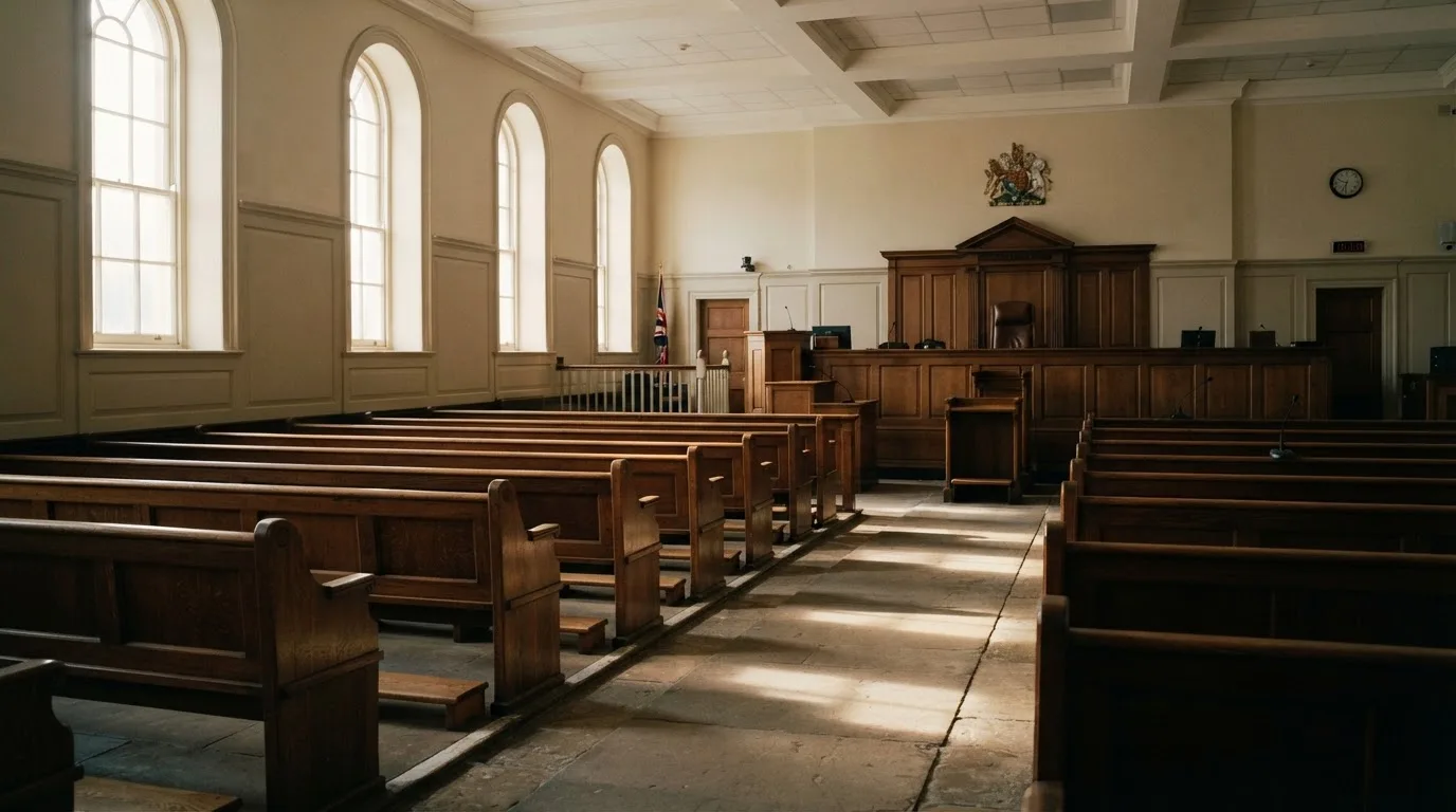 An empty courtroom with wooden benches in morning light