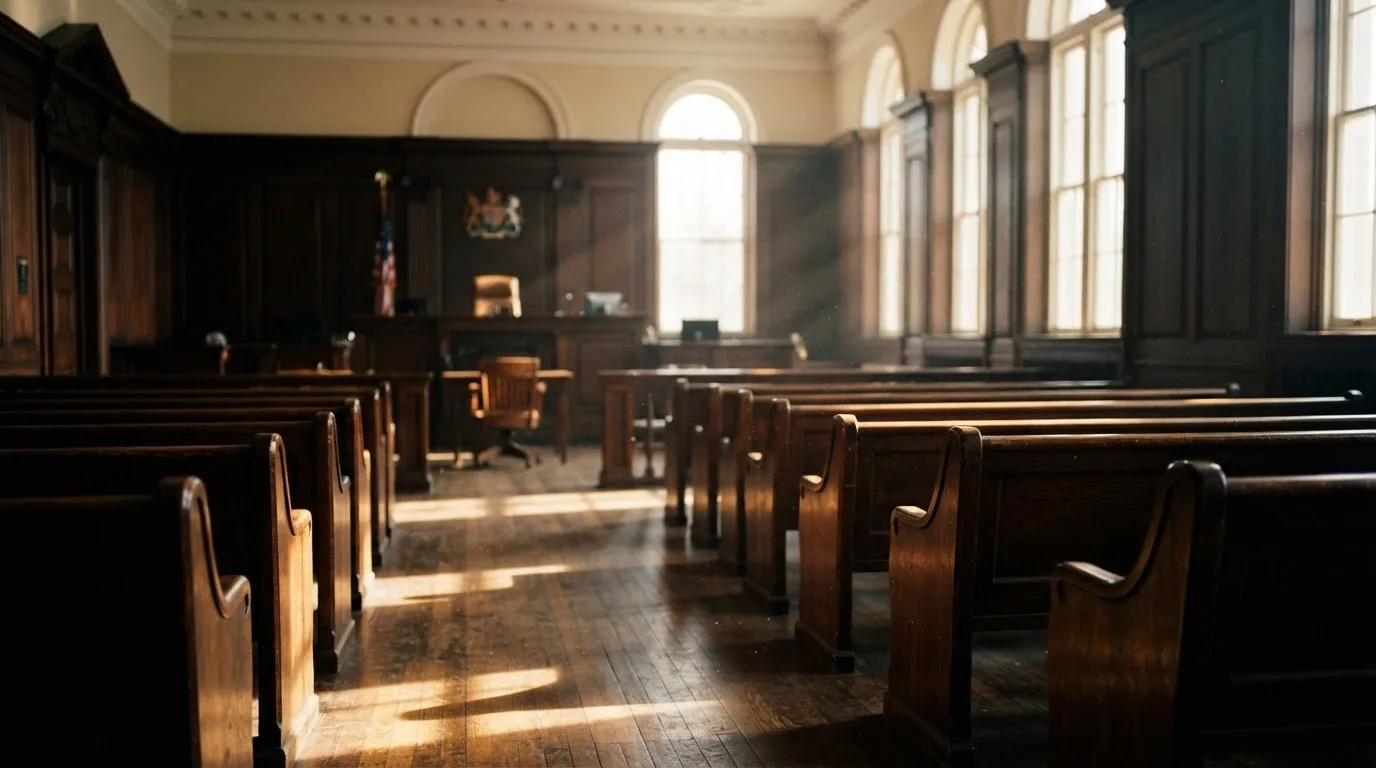 An empty courtroom with wooden benches in morning light
