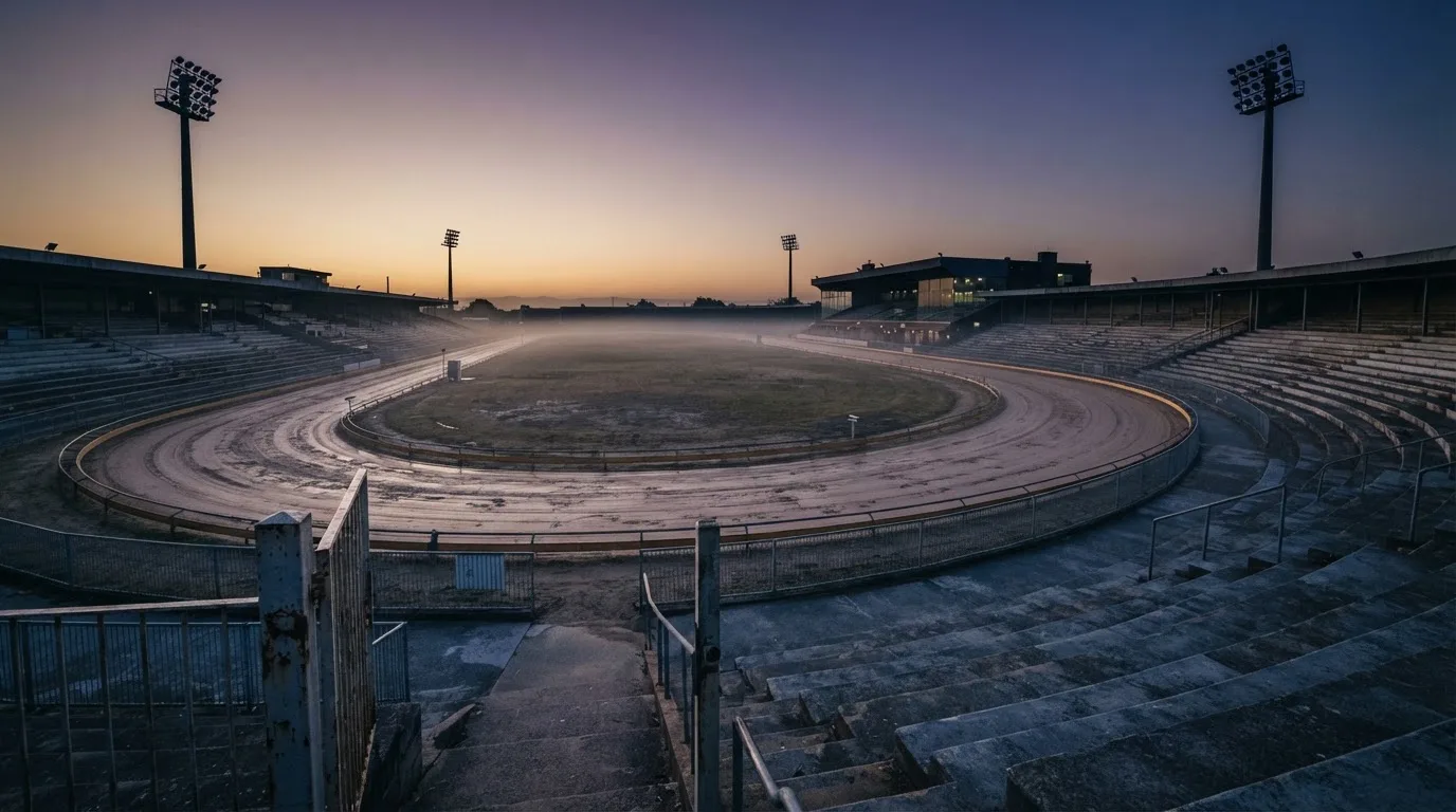 An empty football stadium with floodlight masts at dusk