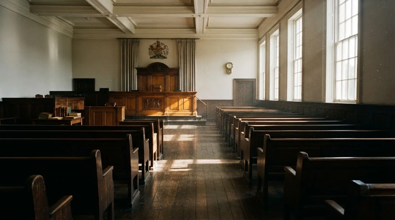 An empty courtroom with wooden benches in morning light