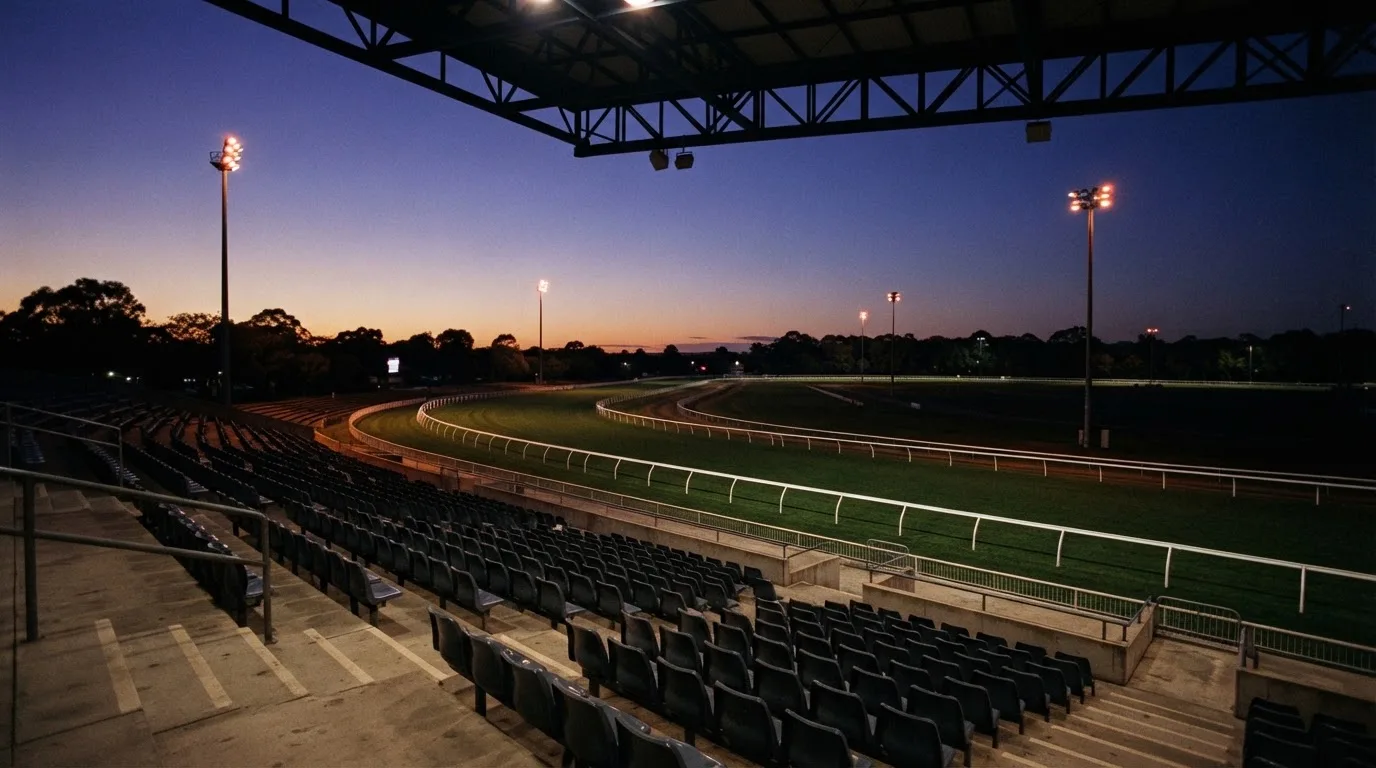 An empty football stadium with floodlight masts at dusk