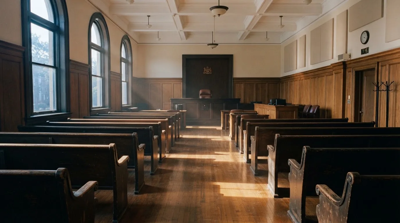 An empty courtroom with wooden benches in morning light