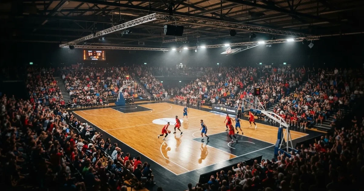 A packed sports hall under floodlights photographed from a long way off