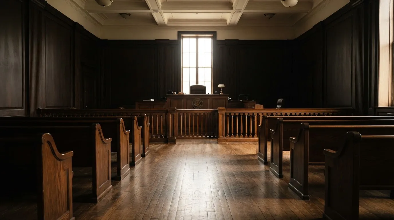 An empty courtroom with wooden benches in morning light