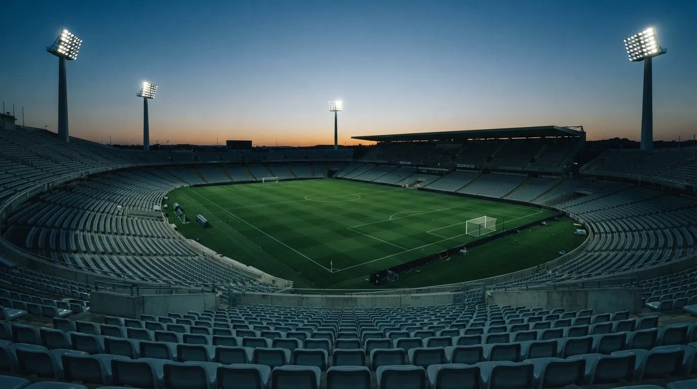 An empty football stadium with floodlight masts at dusk