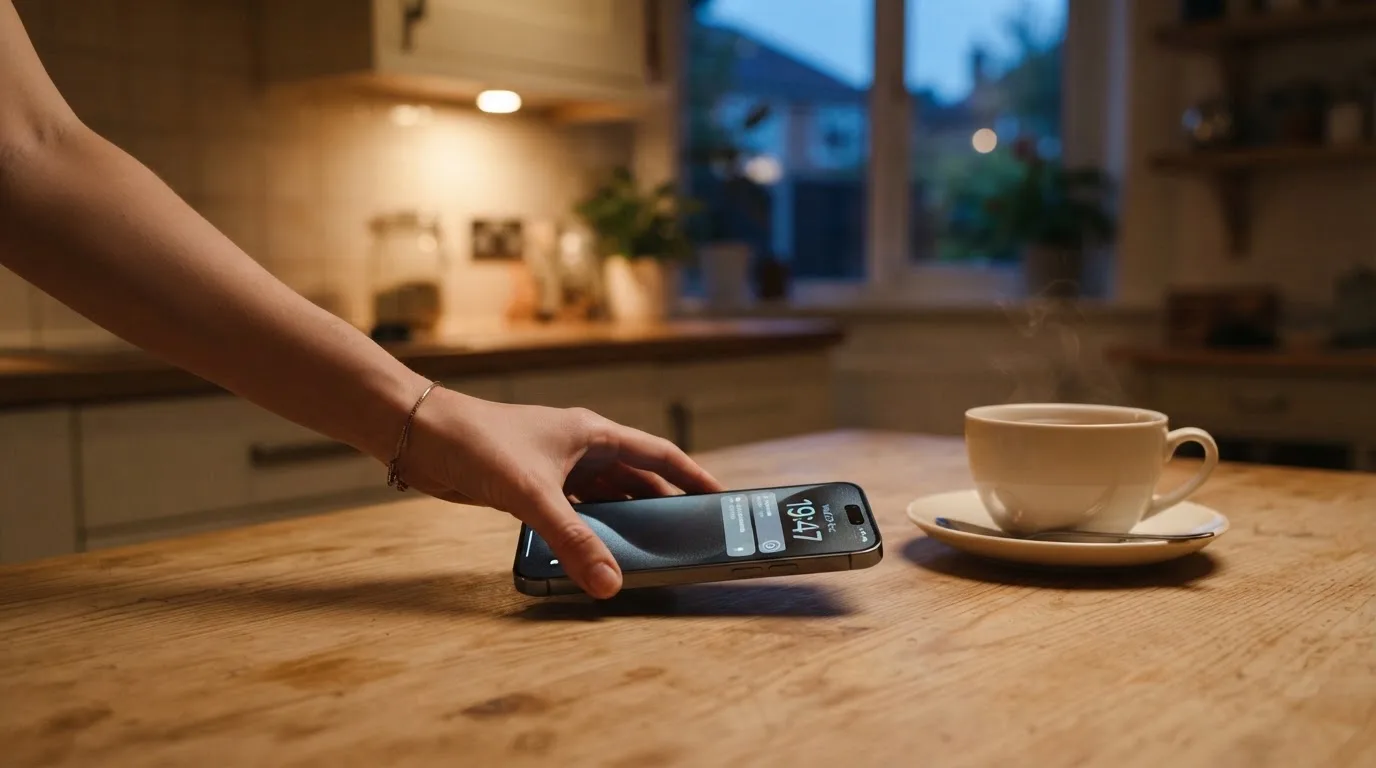 A hand setting a smartphone down beside a cup of tea on a kitchen table on a quiet evening