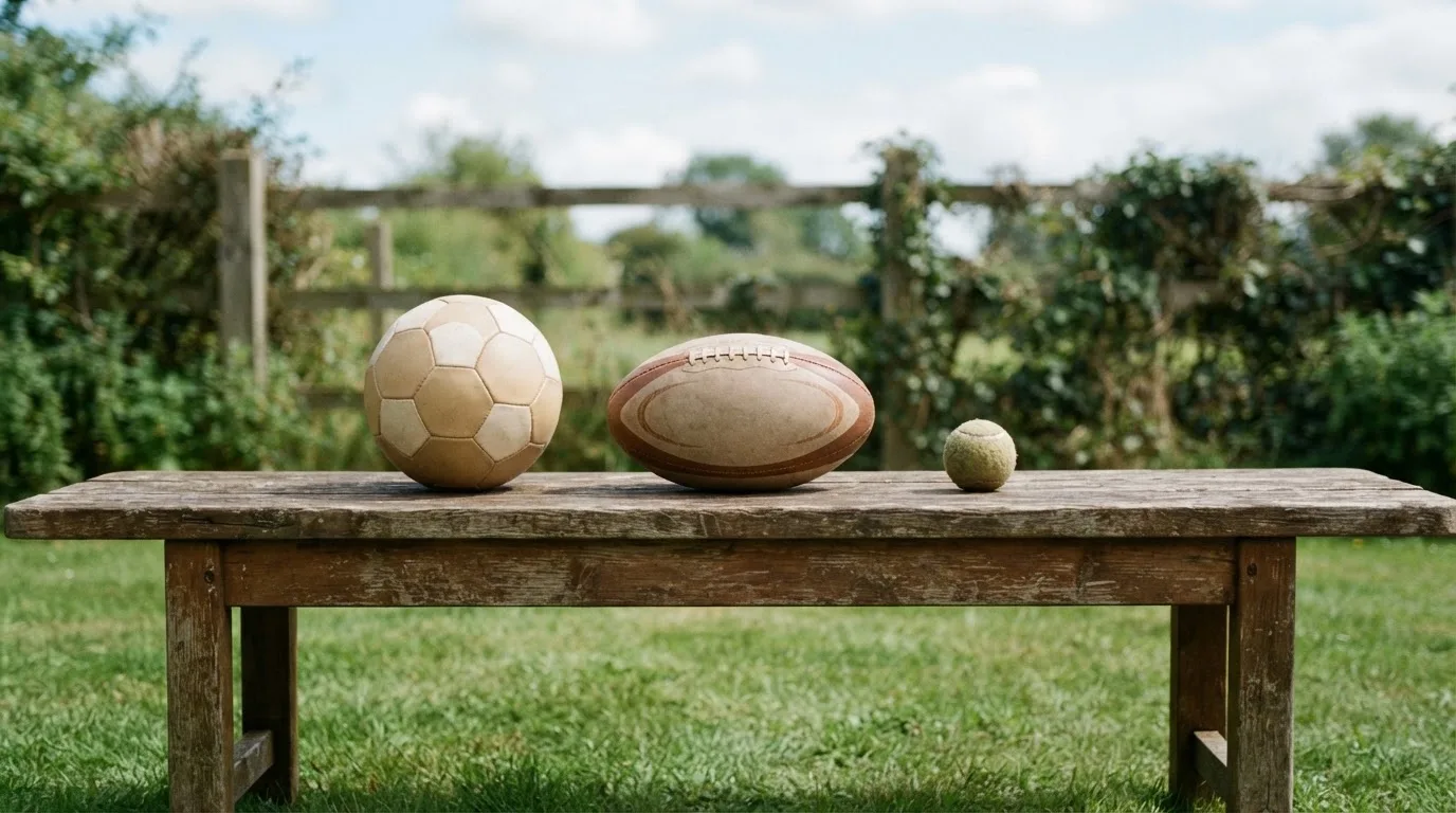 Three balls of different kinds side by side on a wooden bench