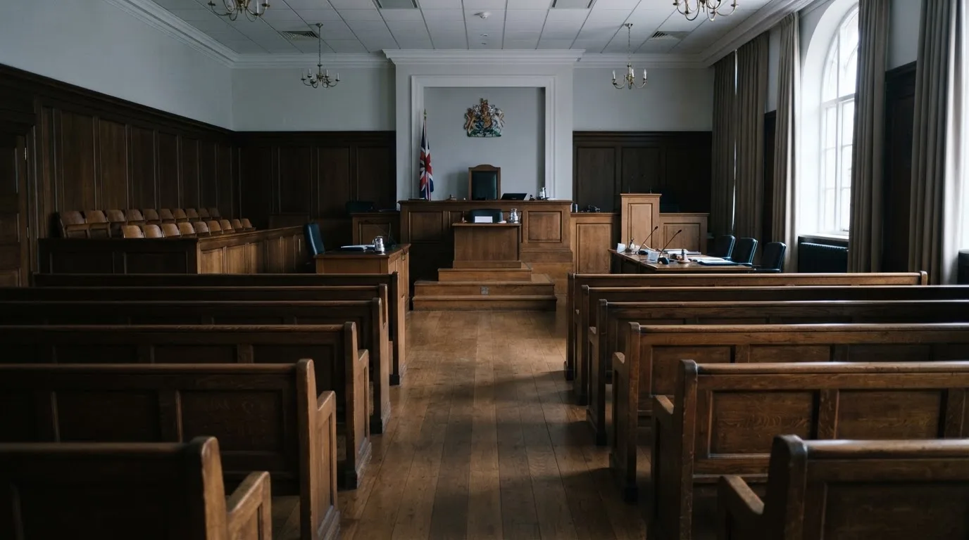 An empty courtroom with wooden benches in morning light
