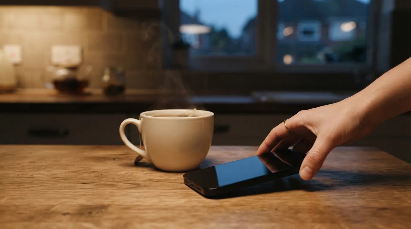A hand setting a smartphone down beside a cup of tea on a kitchen table on a quiet evening