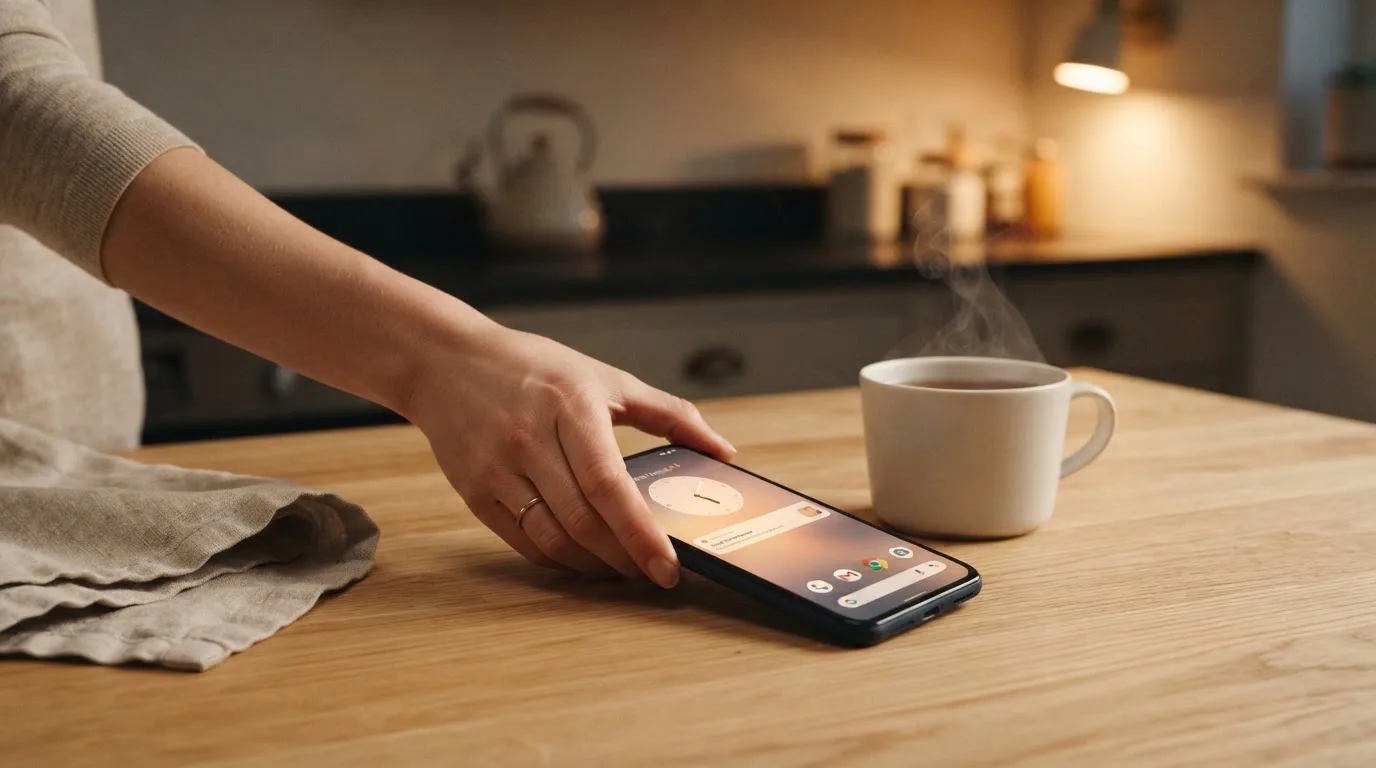 A hand setting a smartphone down beside a cup of tea on a kitchen table on a quiet evening